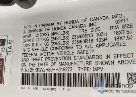 2017 Honda Cr-V Ex-L/Ex-L Navi from USA, damaged, VIN 2HKRW2H80HH619272